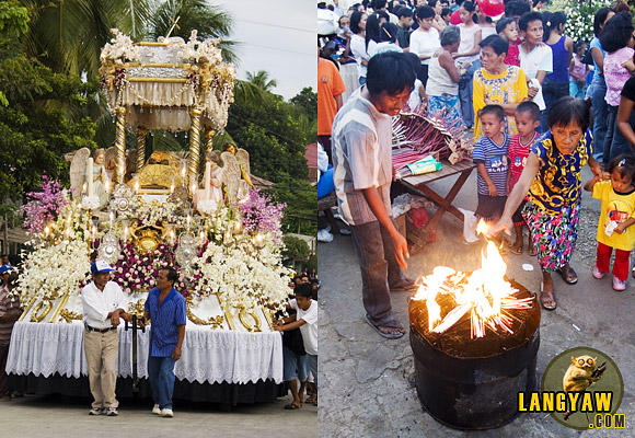 In Carcar, pomp and pageantry marks Semana Santa observance as ornately decorated carrozas, like this antique, life sized image of the Santo Intierro, left. This is also the time when people from the hinterlands go down for the procession and age old practices can be observed, right.