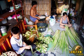 A typical morning's preparation at a V Rama household where puso making is the major source of income.