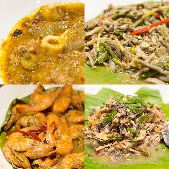 Clockwise from upper right: paklay, banana heart salad, shrimp hilabos and balbacua