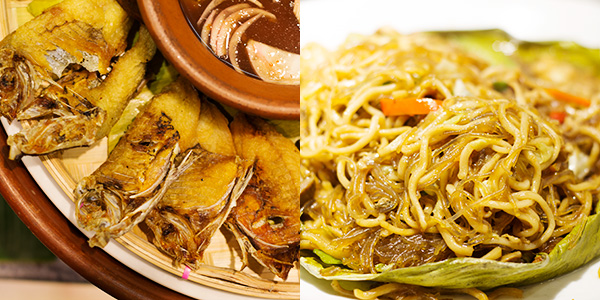 Left, labtingaw (fish dried for 1 day only) perfectly paired with vinegar, right, bam-i combination of glass and egg noodles stir fried with vegetables and pieces of meat