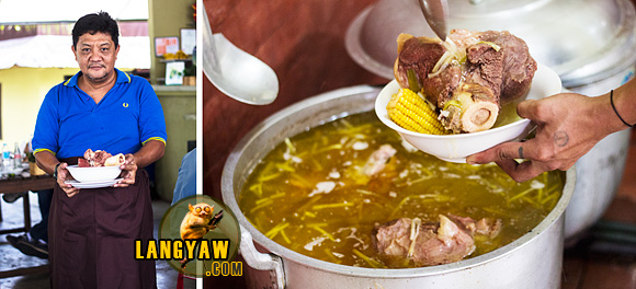Right, Marlo Raffinan holding a bowl of pochero; Left, boiling for the past 24 hours, pochero makes it into a bowl
