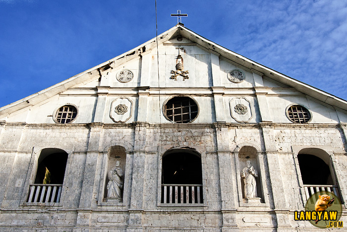 The pediment of the centuries old Loboc Church. The Augustinian Recollects added the portico when they assumed jurisdiction from the Jesuits who were expelled in 1768