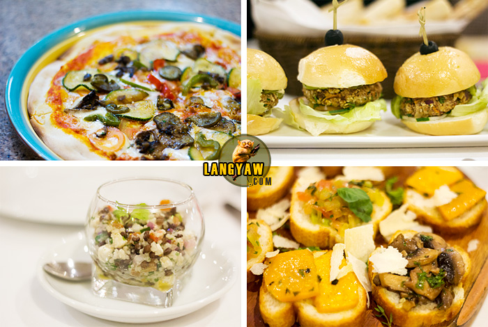 Clockwise from top, right: vegetable burgers with guacamole and salsa, mushroom, tomato basil and roasted pumpkin bruschetta, lentil couscous salad with malagos feta cheese, and pizza with roasted vegetables