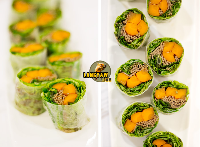 Left and right, top view: Roasted carrot rice paper rolls