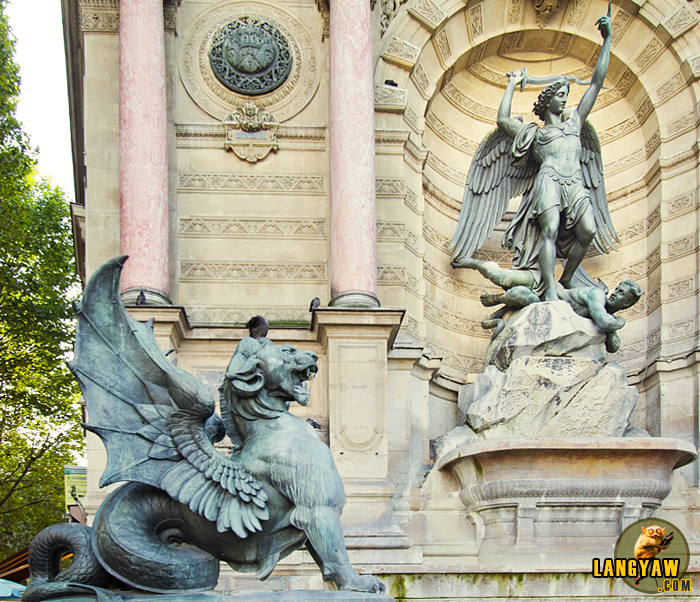 Close up of the sculptures of the Place St. Michel