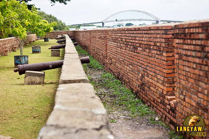 Canons ready to fire! Brick walls along the riverbanks with metal canons positioned as what may have been set up before