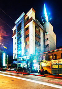 The hotel building at night
