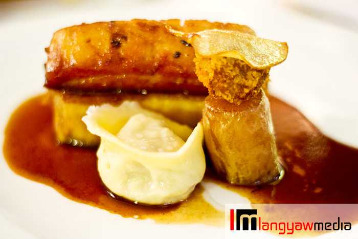 Chef's Special which is pork 3 ways: braised rib, bonbon, tortellini with soya and braised radish, papaya pickle