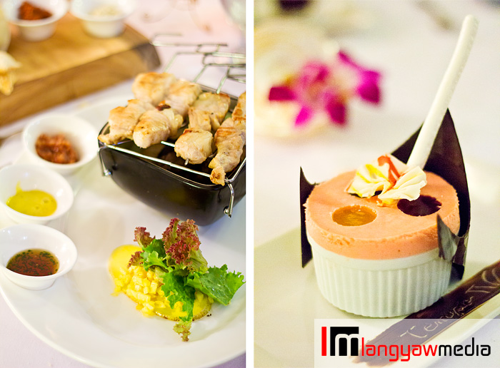 Left, crocodile meat skewers with three dips: honey and chili sauce, curry aoili and guava chutney and green mango, papaya and pineapple salad; right, Ice crusher trio: three mini iced souffle of mango, tablea and guava ice cram with mango, chocolate and guava sauce