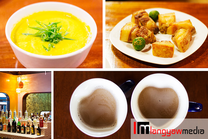 Soup, lechon kawali, bar drinks and coffee for two