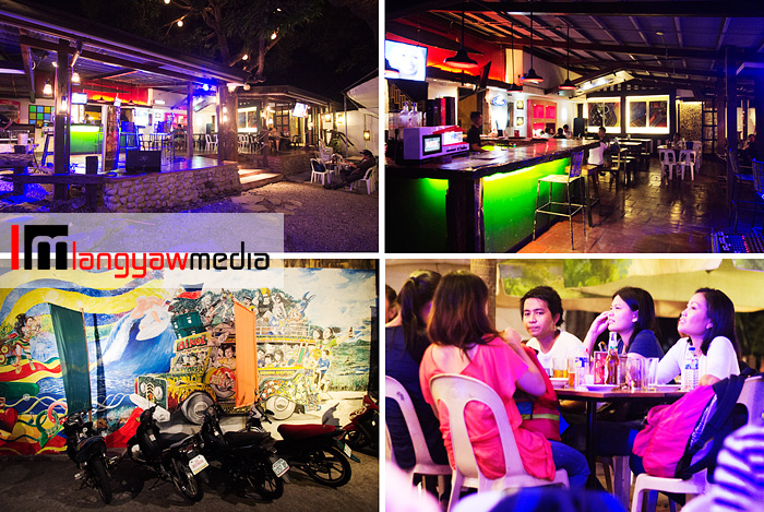 Clockwise from top left: At the counter and bar area of Bora Hut, patrons with drinks, colorful mural near the entrance and view of the bar area where DJs and singers perform