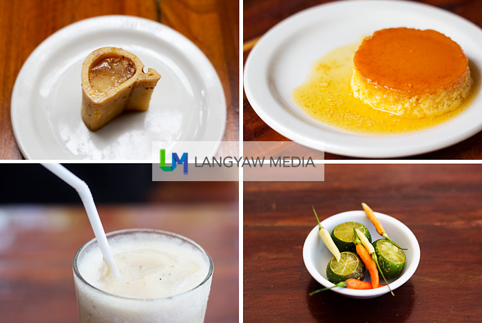 Clockwise from top right: leche flan, chilis and slices of calamansi, banana shake and bone marrow on a saucer