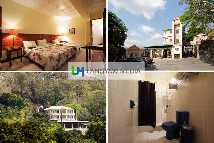 Clockwise from top right: view of the hotel as seen from the gate, toilet, hotel as seen from the town and spacious twin bed room where I stayed