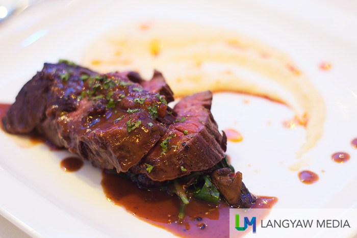 Hanger steak with mushroom polenta