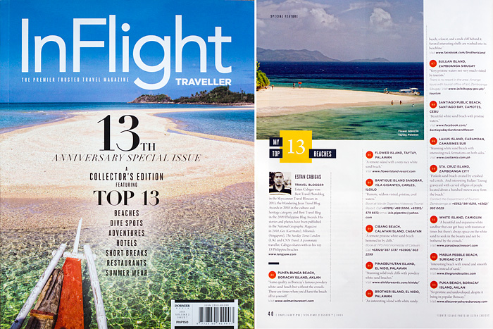 Inflight Traveller magazine's 13th Anniversary special issue with my photo of Bantigue Island as cover and my top 13 beaches in the country feature