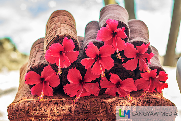 Gumamela blossoms and towels