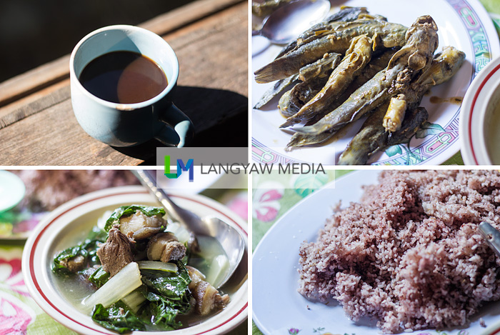 Clockwise from top right: paksiw nga palileng (river fish stewed in vinegar), pugot (red rice), linggeng nga laman (boiled wild boar's meat) and native brewed coffee