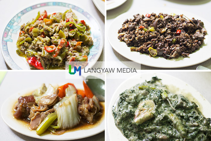 Clockwise from top right: bopis, laing, meat and vegetable dish, bicol express