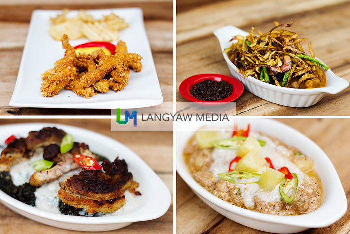 Clockwise from top right: Kare-kare topped with fried banana heart jus, bicol express with pineapple bits, laing with crispy pork chop and battered pork fingers