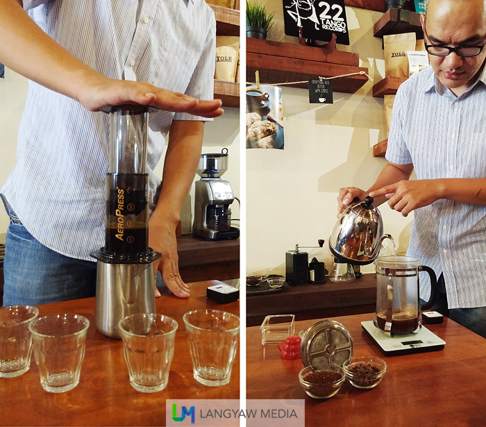 Using the aeropress and pouring hot water to the French press