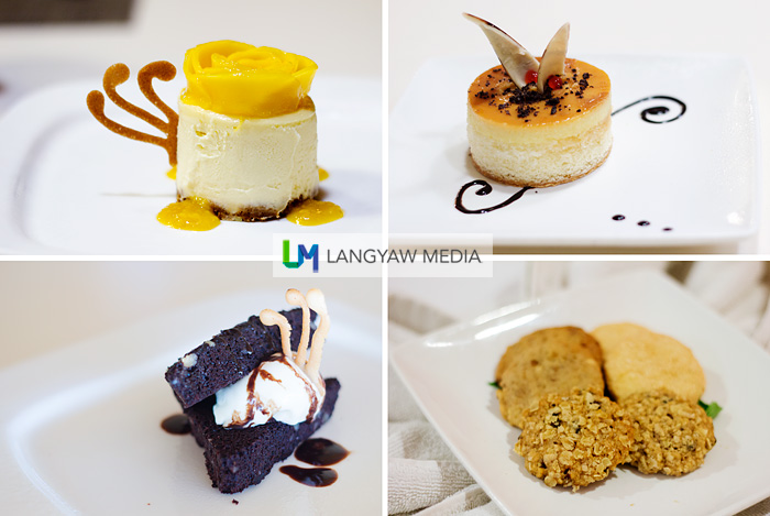 Desserts, clockwise from top right: custard cake, room turn down amenity, brownie ala mode and mango cheesecake