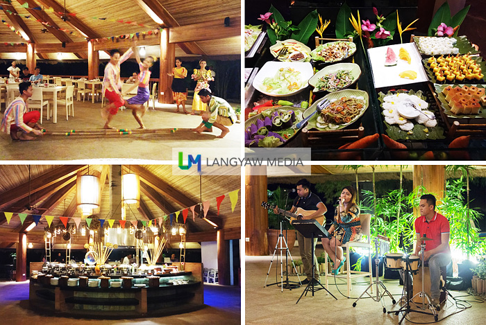 Clockwise from top right: buffet spread, band performing during Saturday night, buffet table and native dances by a local college dance troupe