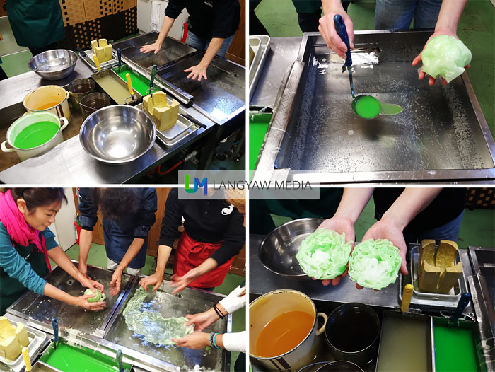Stages of how fake lettuce is produced: melted wax is poured into the basin with water, stretching the wax to make sheets, crumpling it into a ball then slicing it with a hot knife