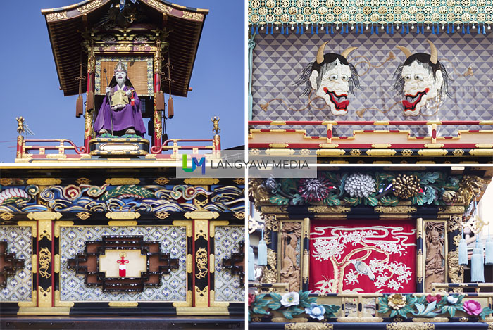 Details of different yatai, clockwise from top right: side of Jimmatai, Kaguratai front, lower side of Jimmatai and an effigy atop the Gyojintai