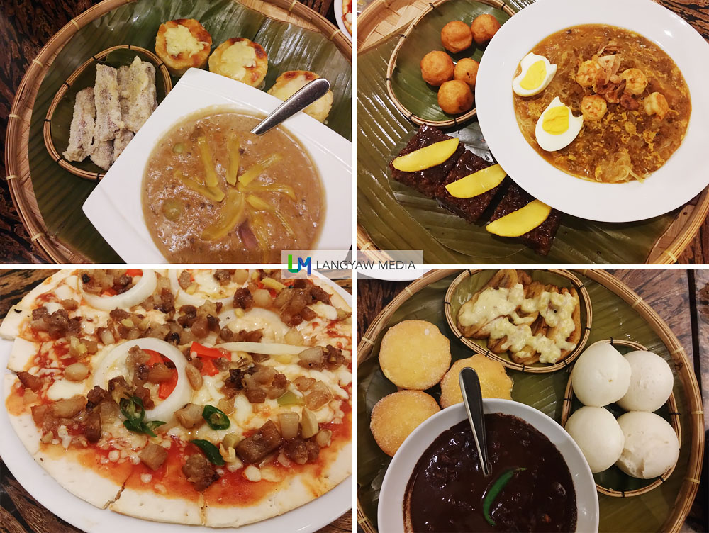 Merienda or snack time is definitely something to look forward to. These merienda sets are Filipino favorites like, clockwise from top right: pansit palabok with camote balls and biko (rice cake); dinuguan with puto and torta with fried bananas; make-your-own-pizza and binignit with cassava cake (really good!) and banana fritters