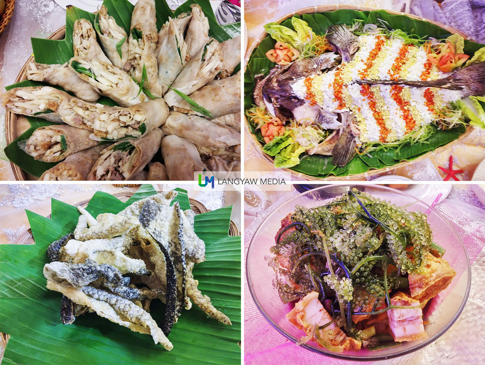 Clockwise from top right: Lapulapu sa Mayonesa (grouper in mayonnaise), bagnet salad with lato, fish chicharon and lumpiang ubod