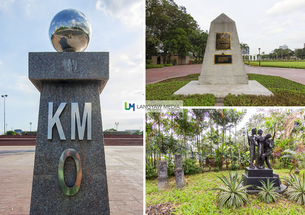 Clockwise from top right: The GomBurZa marker where the three priests were martyred; artworks in one of the gardens and Kilometer 0 where all kilometer distances across the country starts