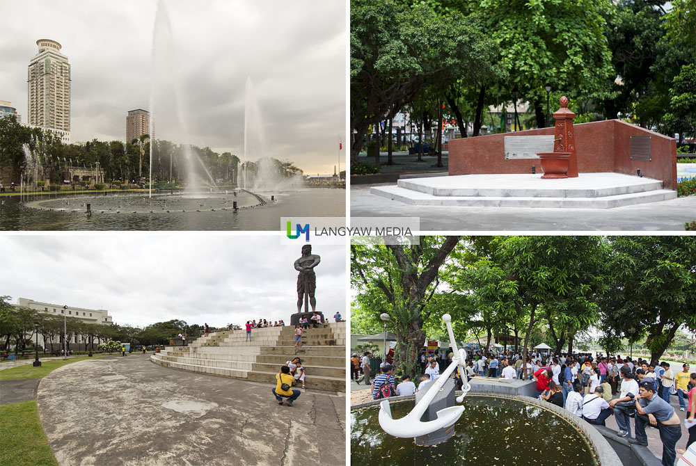 Clockwise from top right: The Heidelberg Fountain that Jose Rizal used to drink water from in Germany at the Noli Me Tangere Garden; at the fringe of Rizal Park along TM Kalaw where these men looking for maritime work gather; the massive Lapulapu bust and the popular dancing fountain