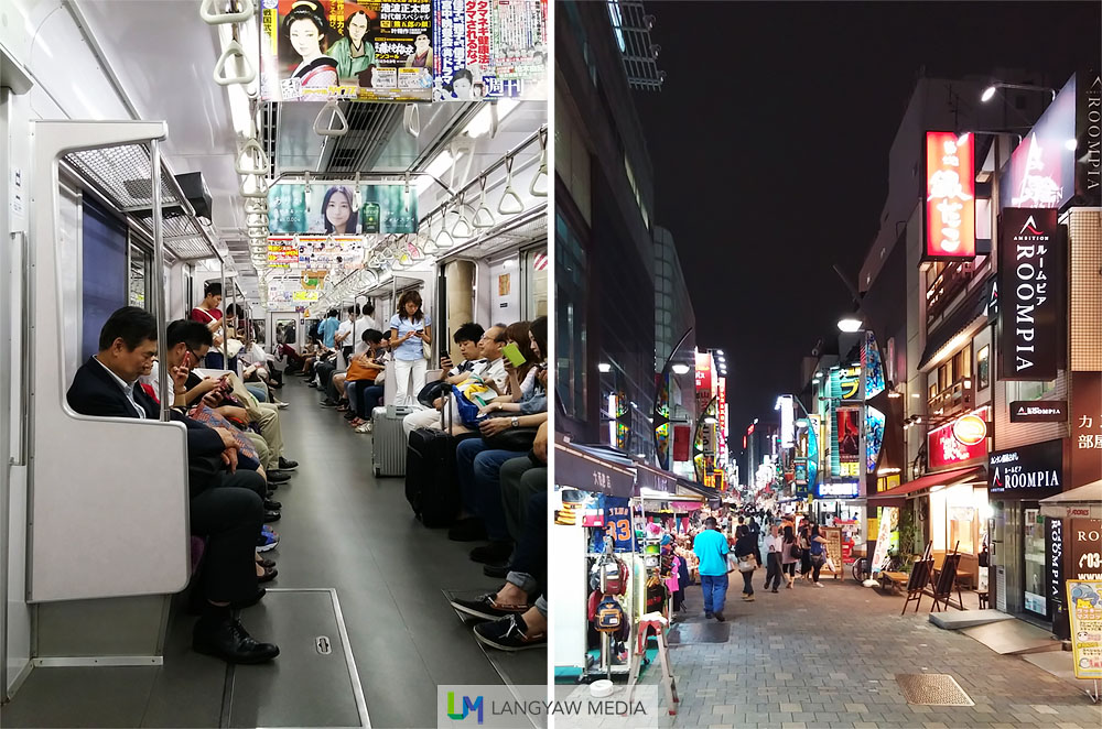 Taking the Tokyo subway, left and the busy street just outside the capsule hotel I'm staying and near the Ueno train station, right.