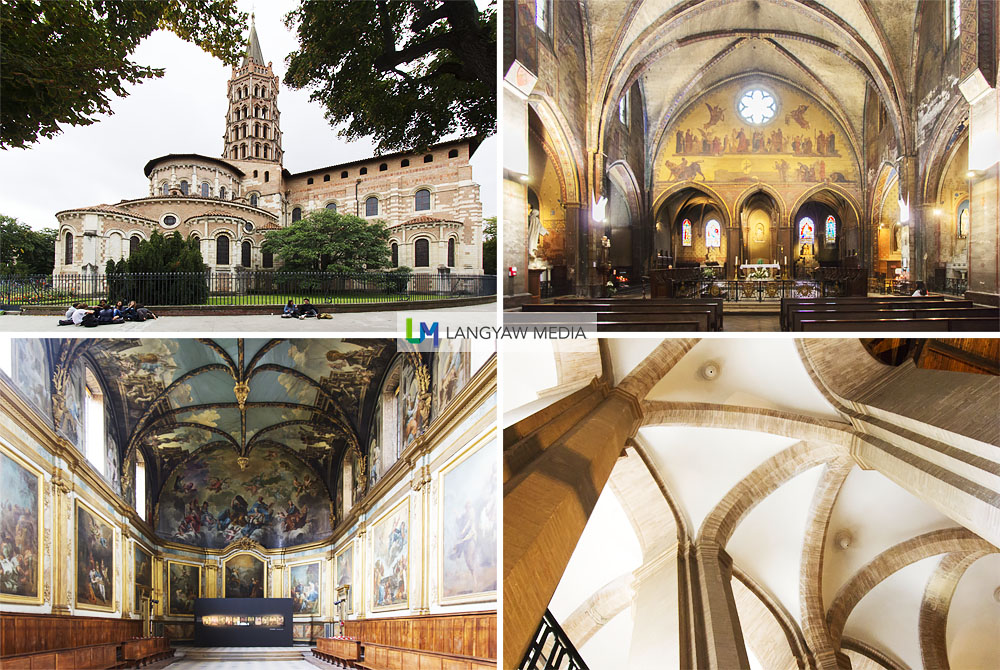 Top left and top right: exterior and interior Basilica of St. Sernin built between 1080-1120 and is considered the biggest Romanesque building. It is also listed as UNESCO World Heritage as part of the Routes of the Santiago de Compostela. Lower left, interior of the Chapelle des CarmÃ©lites built in 1622 and has paintings done by Jean-Pierre and Jean-Baptiste Despax; lower right, vaulting at the Eglise de St. Aubin