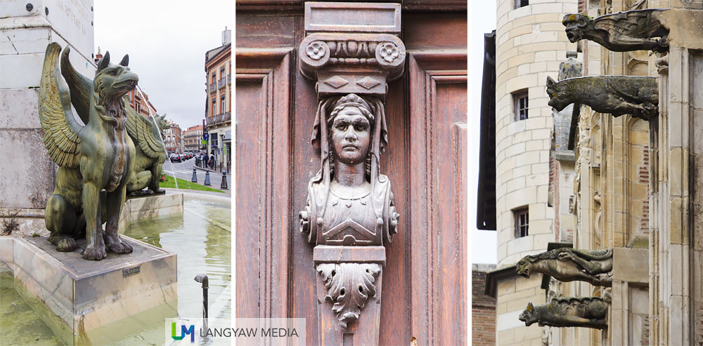 Details found around the city: left, from a fountain; center, detail from a house, right, gargoyles from the cathedral