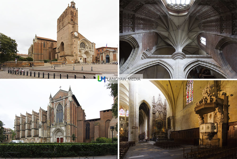 CathÃ©drale Saint-Ã‰tienne de Toulouse with portions dating as early as 844 and several constructions starting in 1073 till the 20th century. Clockwise from top right: vaulting near the presbytery; disjointed interiors as the cathedral is said to be two structures merged into one; nave and buttressing of the cathedral