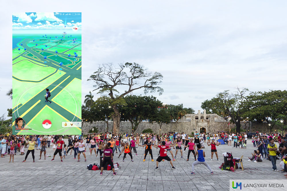 Plaza Independencia and Fort San Pedro. Sunday afternoon gets busy with zumba participants. Inset: Pokemon Go map of the area with corresponding Pokestops. 