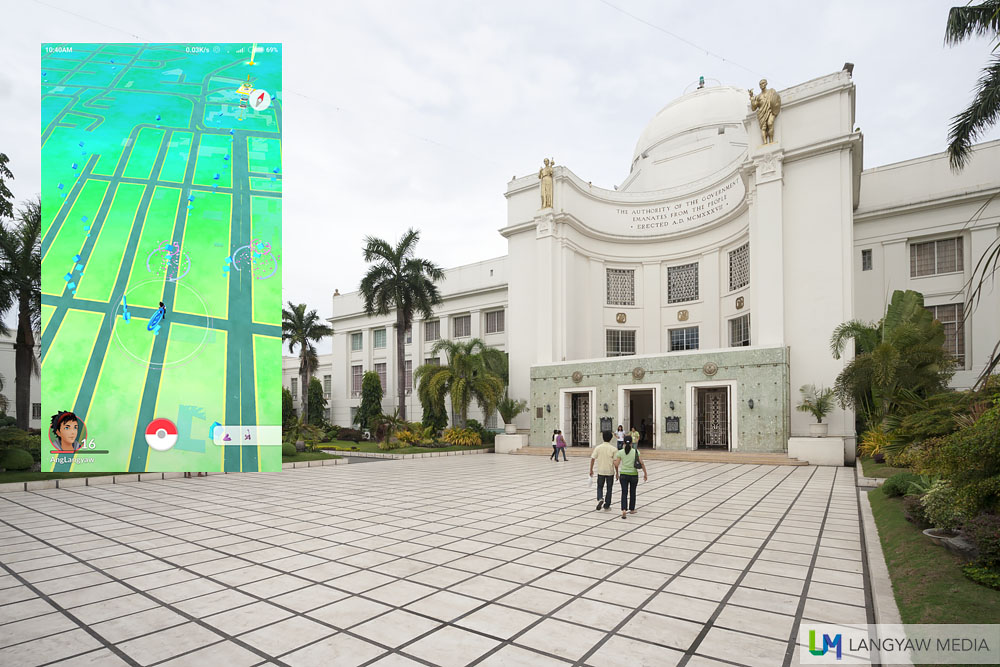 Cebu Capitol is an early 20th century structure. Inset: Screencap showing Pokestops in the vicinity as seen from Hotel Stella.