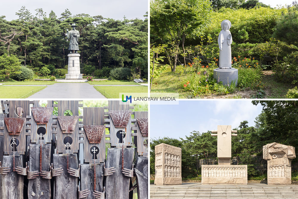 The serene grounds of Jeoldu-san is a place of contemplation. Clockwise from top right: Catholic icon at the expansive garden; Byeonin Persecution of 1866 memorial erected on the 100th anniversary; detail of fence going to the museum, and sculpture of Saint Kim Taegon Andrea, patron of South Korea and first Korean Catholic priest