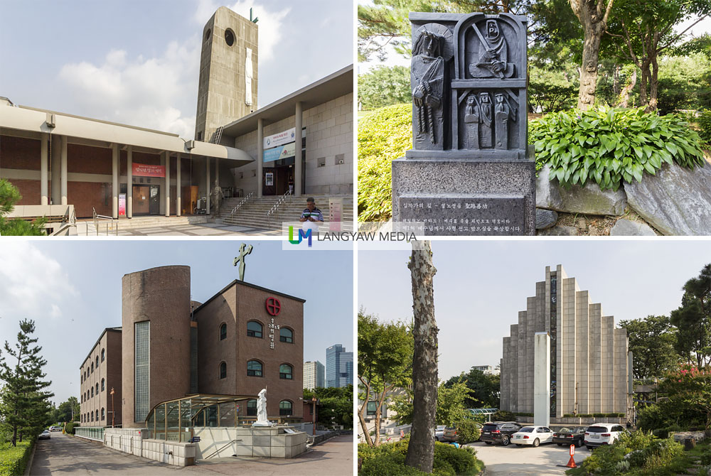 Clockwise from top right: one of the stations of the cross at the garden; Seoul Union Church at the Yanghwajin Foreign Missionary Cemetery which is just adjacent to Jeoldu-san Martyr's Shrine; Cursillo Study Center and, Jeoldu-san Martyr's Shrine Museum